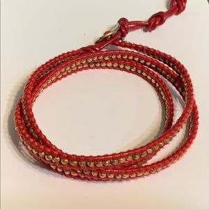Chan Luu red leather and gold bead wrap bracelet